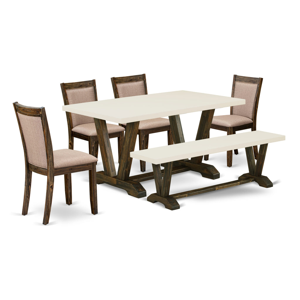 East West Furniture V726MZ716-6 6 Piece Dinette Set Contains a Rectangle Dining Table with V-Legs and 4 Dark Khaki Linen Fabric Parson Chairs with a Bench, 36x60 Inch, Multi-Color