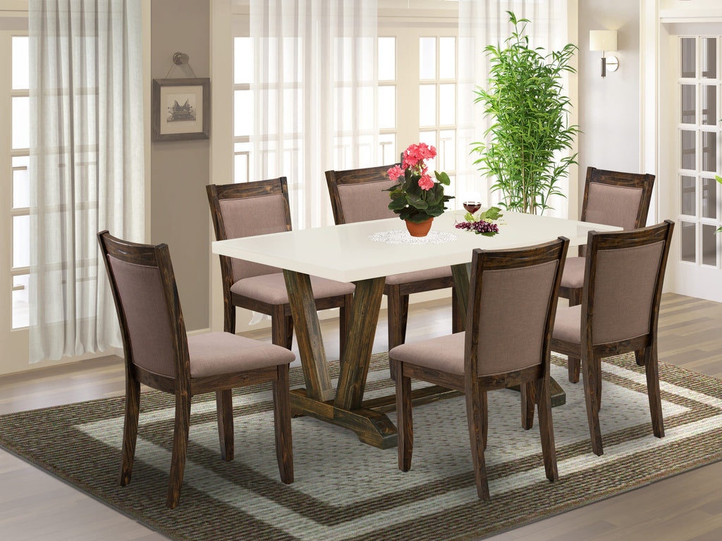 East West Furniture V726MZ748-7 7 Piece Modern Dining Table Set Consist of a Rectangle Wooden Table with V-Legs and 6 Coffee Linen Fabric Upholstered Chairs