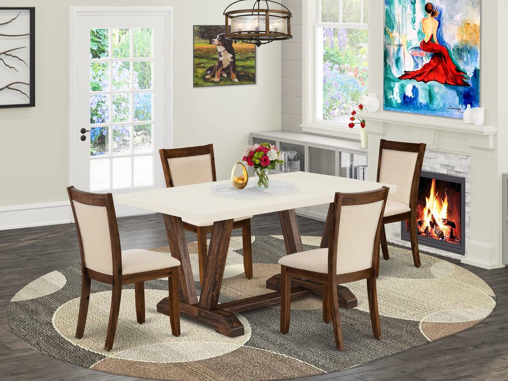 East West Furniture V726MZN32-5 5 Piece Dining Table Set Includes a Rectangle Kitchen Table with V-Legs and 4 Light Beige Linen Fabric Parson Dining Room Chairs