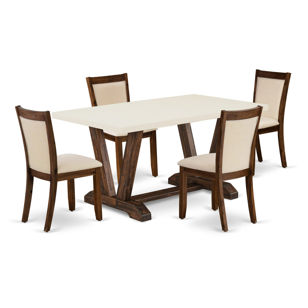 East West Furniture V726MZN32-5 5 Piece Dining Table Set Includes a Rectangle Kitchen Table with V-Legs and 4 Light Beige Linen Fabric Parson Dining Room Chairs