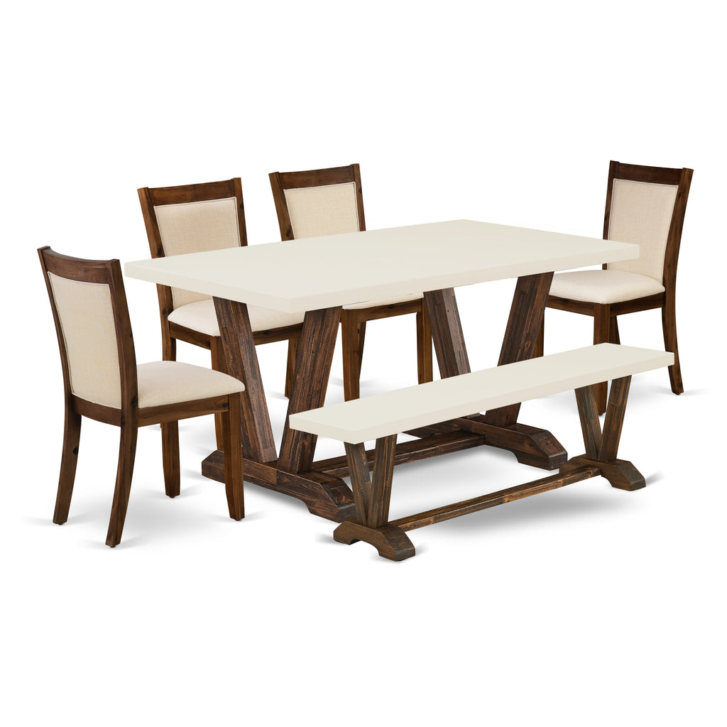 East West Furniture V726MZN32-6 6 Piece Dining Table Set Contains a Rectangle Kitchen Table with V-Legs and 4 Light Beige Linen Fabric Parson Chairs with a Bench