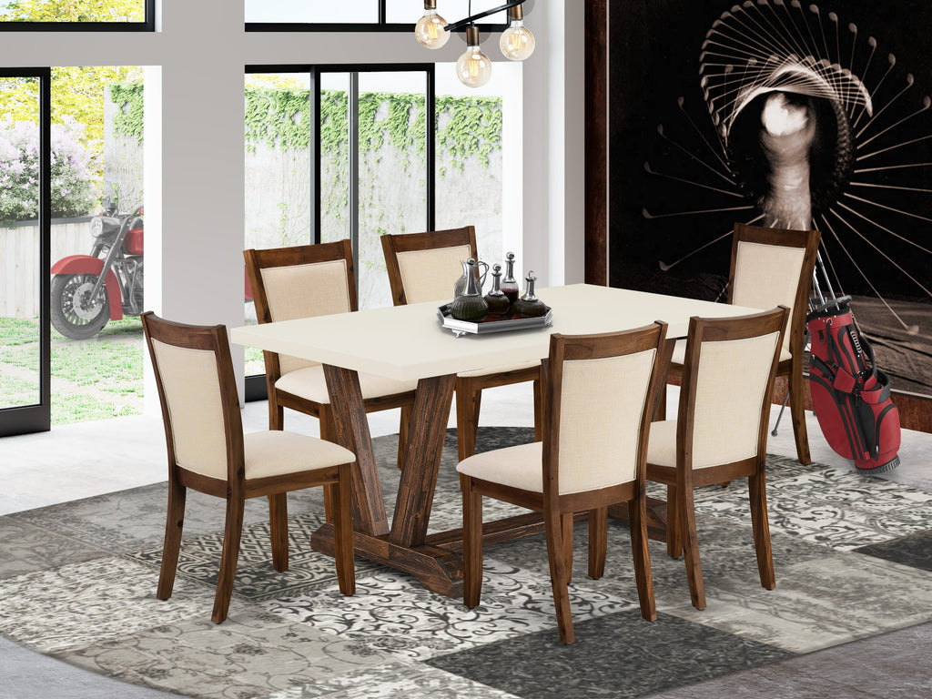 East West Furniture V726MZN32-7 7 Piece Modern Dining Table Set Consist of a Rectangle Wooden Table with V-Legs and 6 Light Beige Linen Fabric Parsons Dining Chairs