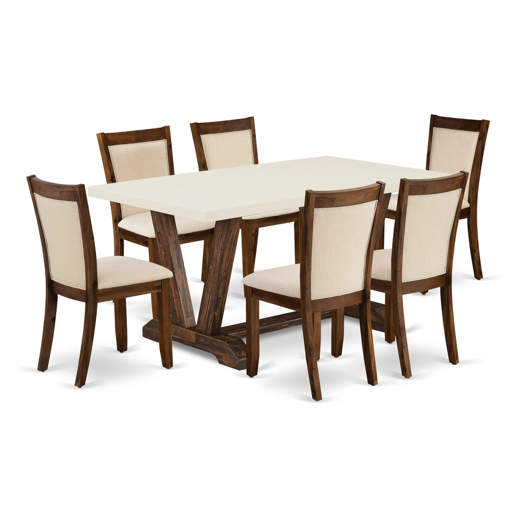 East West Furniture V726MZN32-7 7 Piece Modern Dining Table Set Consist of a Rectangle Wooden Table with V-Legs and 6 Light Beige Linen Fabric Parsons Dining Chairs