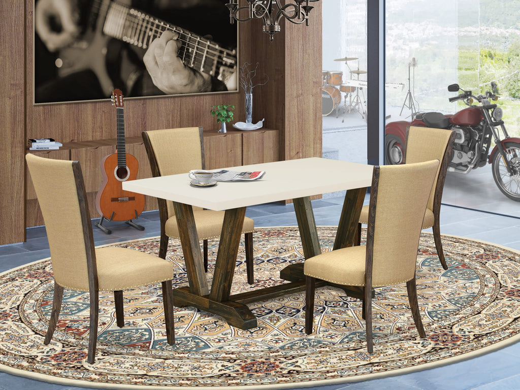 East West Furniture V726VE703-5 5 Piece Dining Room Table Set Includes a Rectangle Dining Table with V-Legs and 4 Brown Linen Fabric Upholstered Parson Chairs, 36x60 Inch, Multi-Color