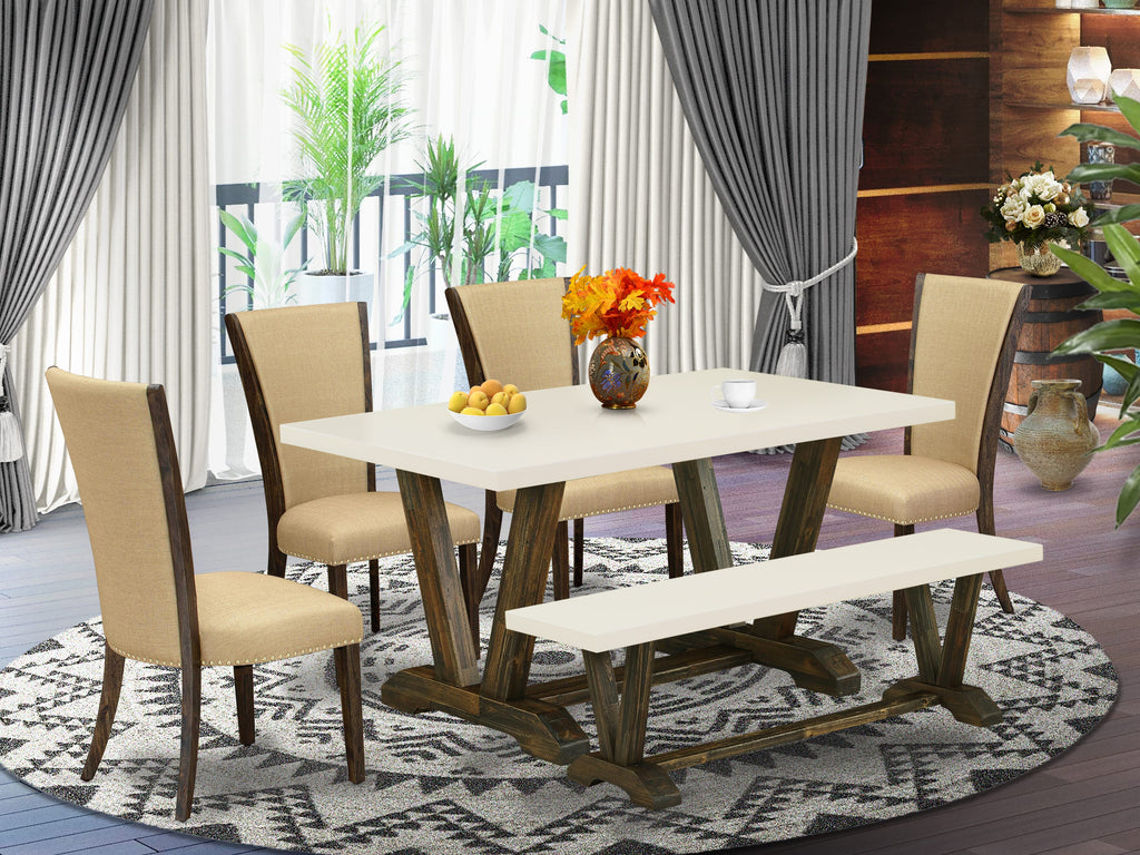 East West Furniture V726VE703-6 6 Piece Dining Table Set Contains a Rectangle Dining Room Table with V-Legs and 4 Brown Linen Fabric Parson Chairs with a Bench, 36x60 Inch, Multi-Color