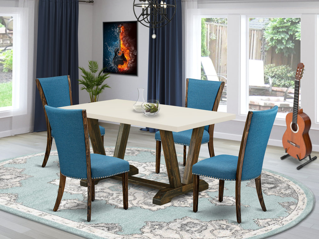 East West Furniture V726VE721-5 5 Piece Modern Dining Table Set Includes a Rectangle Wooden Table with V-Legs and 4 Blue Color Linen Fabric Parson Dining Chairs, 36x60 Inch, Multi-Color