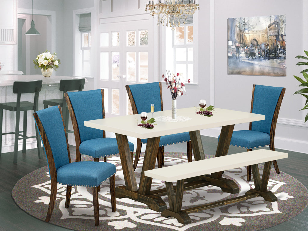 East West Furniture V726VE721-6 6 Piece Dining Set Contains a Rectangle Dining Room Table with V-Legs and 4 Blue Color Linen Fabric Upholstered Chairs with a Bench, 36x60 Inch, Multi-Color