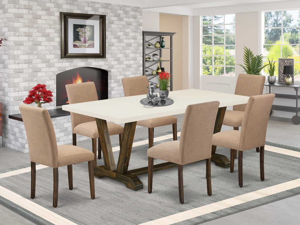 East West Furniture V727AB747-7 7 Piece Modern Dining Table Set Consist of a Rectangle Wooden Table with V-Legs and 6 Light Sable Linen Fabric Parson Dining Chairs