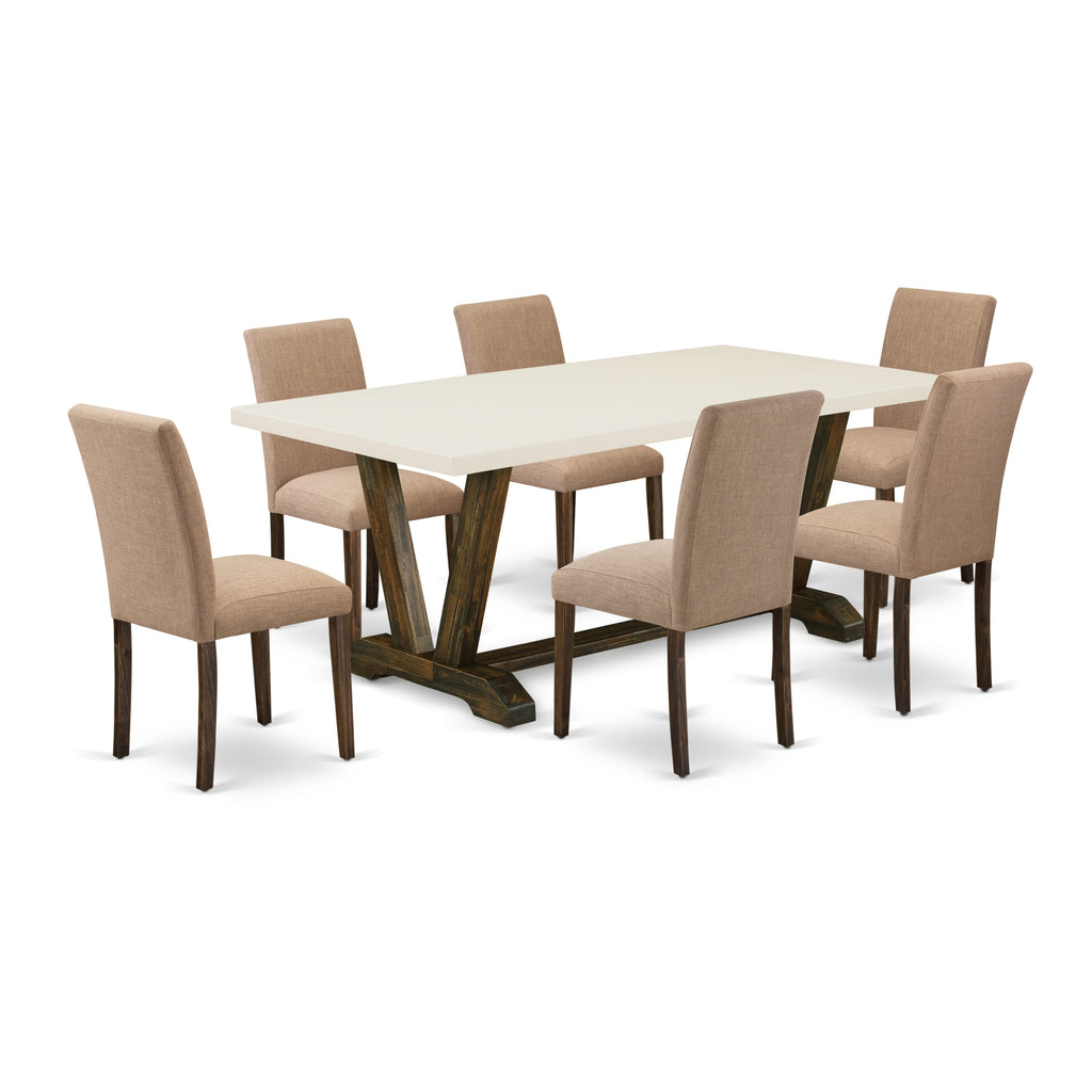 East West Furniture V727AB747-7 7 Piece Modern Dining Table Set Consist of a Rectangle Wooden Table with V-Legs and 6 Light Sable Linen Fabric Parson Dining Chairs