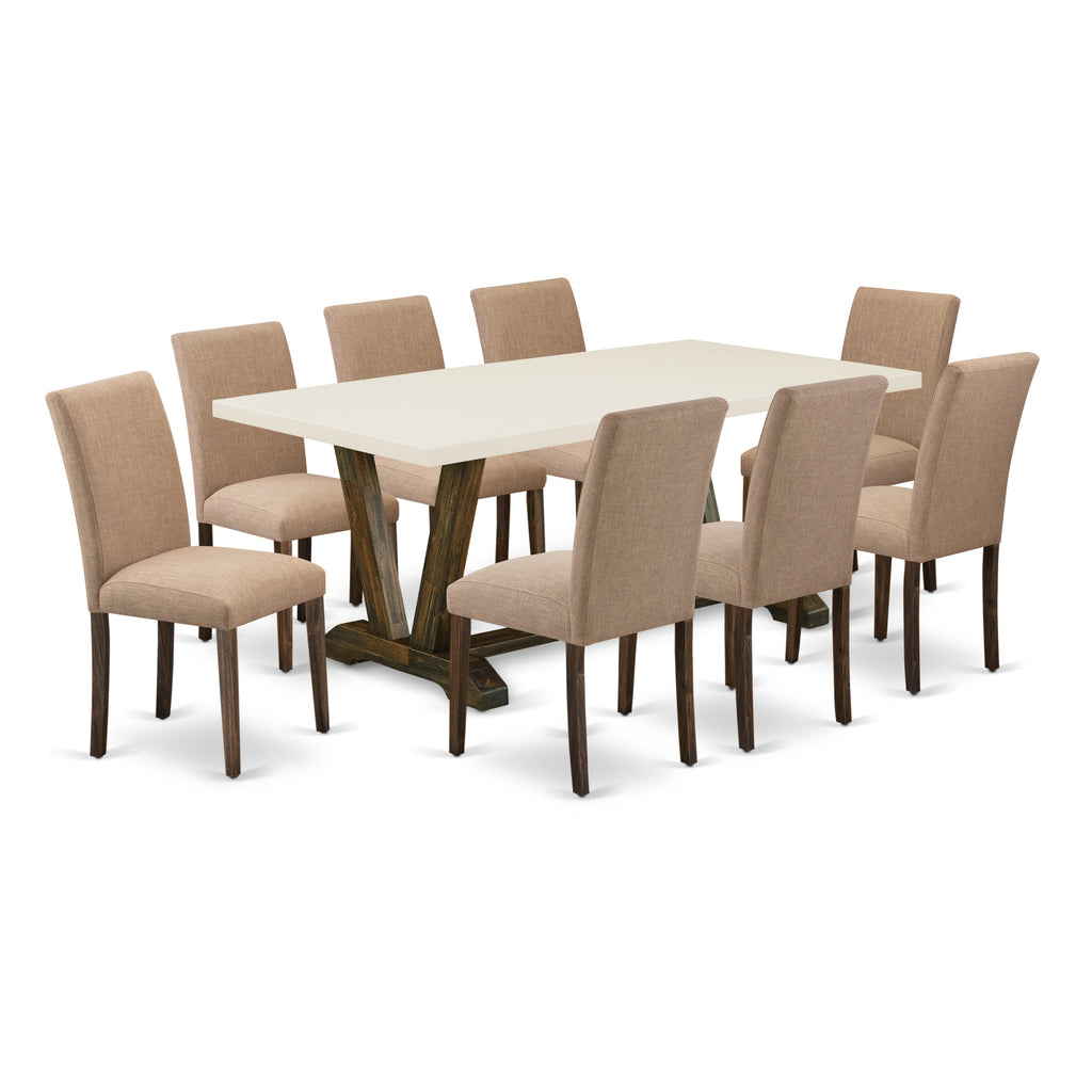 East West Furniture V727AB747-9 9 Piece Dining Table Set Includes a Rectangle Dining Room Table with V-Legs and 8 Light Sable Linen Fabric Upholstered Chairs, 40x72 Inch, Multi-Color
