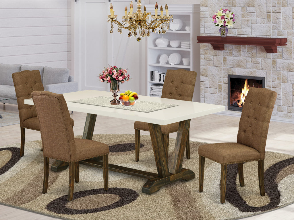 East West Furniture V727EL718-5 5 Piece Dining Table Set Includes a Rectangle Dining Room Table with V-Legs and 4 Brown Linen Linen Fabric Parsons Chairs, 40x72 Inch, Multi-Color