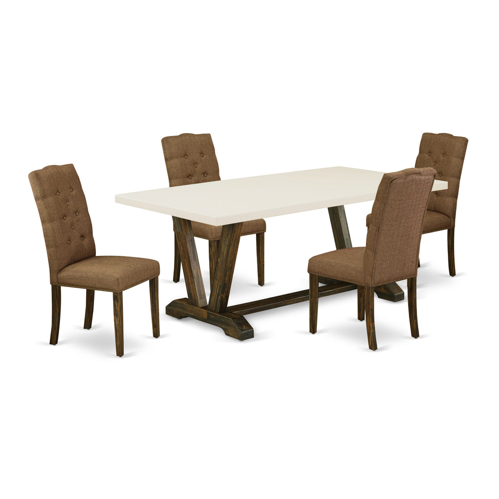 East West Furniture V727EL718-5 5 Piece Dining Table Set Includes a Rectangle Dining Room Table with V-Legs and 4 Brown Linen Linen Fabric Parsons Chairs, 40x72 Inch, Multi-Color