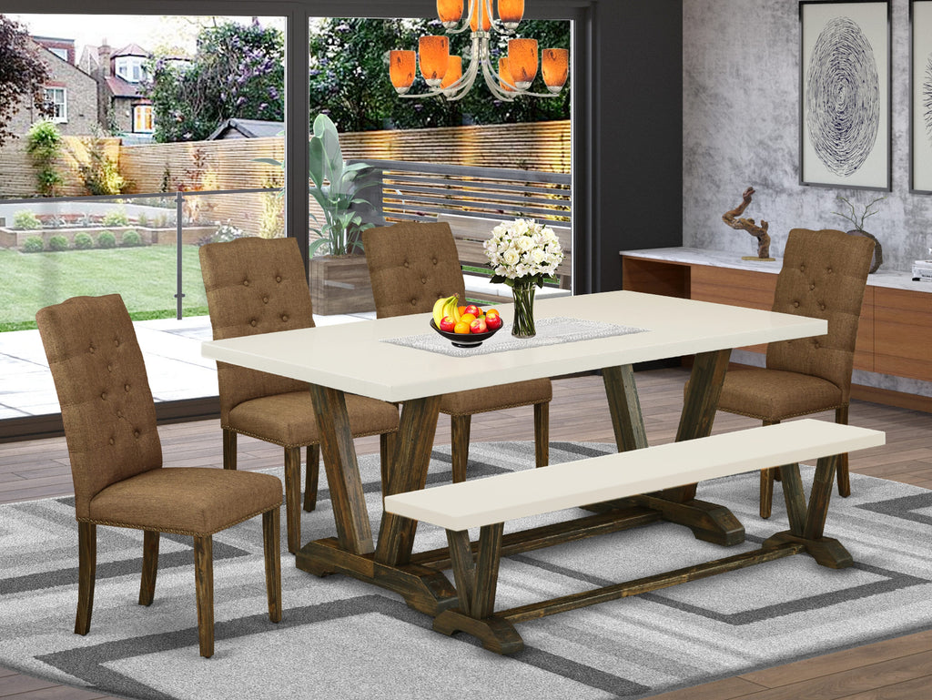 East West Furniture V727EL718-6 6 Piece Dining Table Set Contains a Rectangle Kitchen Table with V-Legs and 4 Brown Linen Linen Fabric Parson Chairs with a Bench