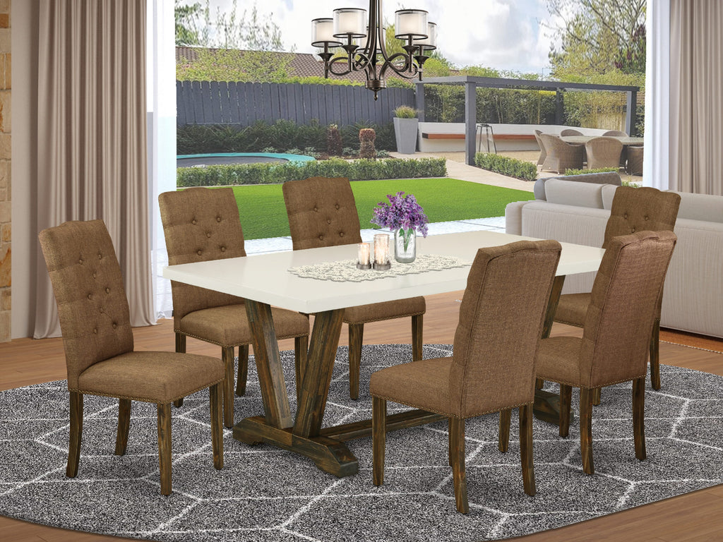 East West Furniture V727EL718-7 7 Piece Modern Dining Table Set Consist of a Rectangle Wooden Table with V-Legs and 6 Brown Linen Linen Fabric Parson Dining Chairs, 40x72 Inch, Multi-Color