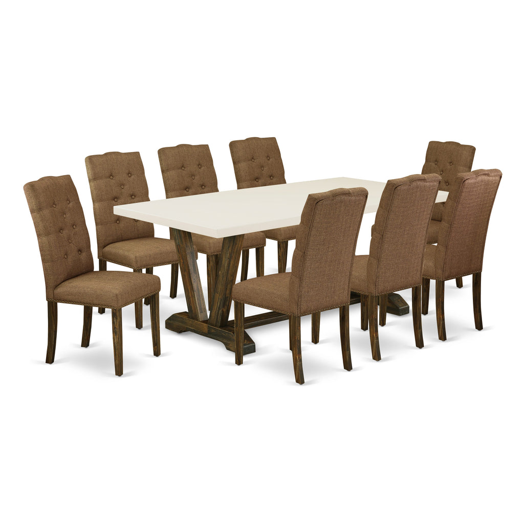 East West Furniture V727EL718-9 9 Piece Kitchen Table Set Includes a Rectangle Dining Table with V-Legs and 8 Brown Linen Linen Fabric Parson Dining Room Chairs