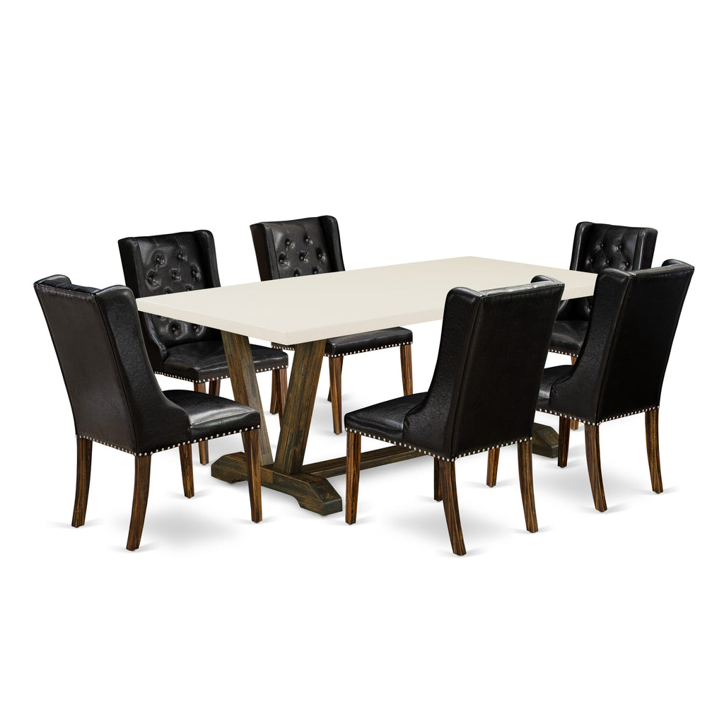 East West Furniture V727FO749-7 7 Piece Dining Table Set Consist of a Rectangle Dining Room Table with V-Legs and 6 Black Faux Leather Parsons Chairs, 40x72 Inch, Multi-Color