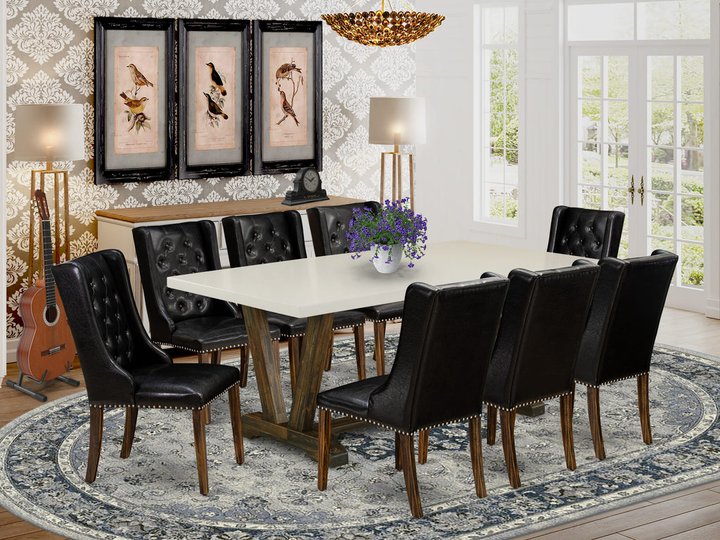 East West Furniture V727FO749-9 9 Piece Modern Dining Table Set Includes a Rectangle Wooden Table with V-Legs and 8 Black Faux Leather Upholstered Chairs, 40x72 Inch, Multi-Color