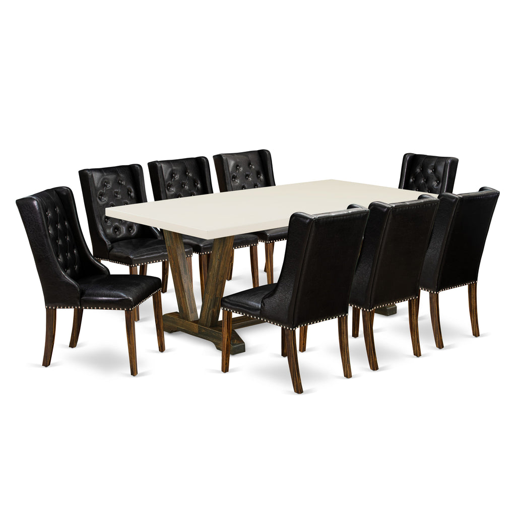 East West Furniture V727FO749-9 9 Piece Modern Dining Table Set Includes a Rectangle Wooden Table with V-Legs and 8 Black Faux Leather Upholstered Chairs, 40x72 Inch, Multi-Color
