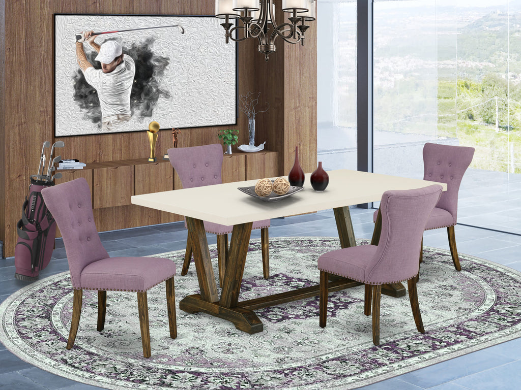 East West Furniture V727GA740-5 5 Piece Kitchen Table & Chairs Set Includes a Rectangle Dining Room Table with V-Legs and 4 Dahlia Linen Fabric Parsons Chairs, 40x72 Inch, Multi-Color