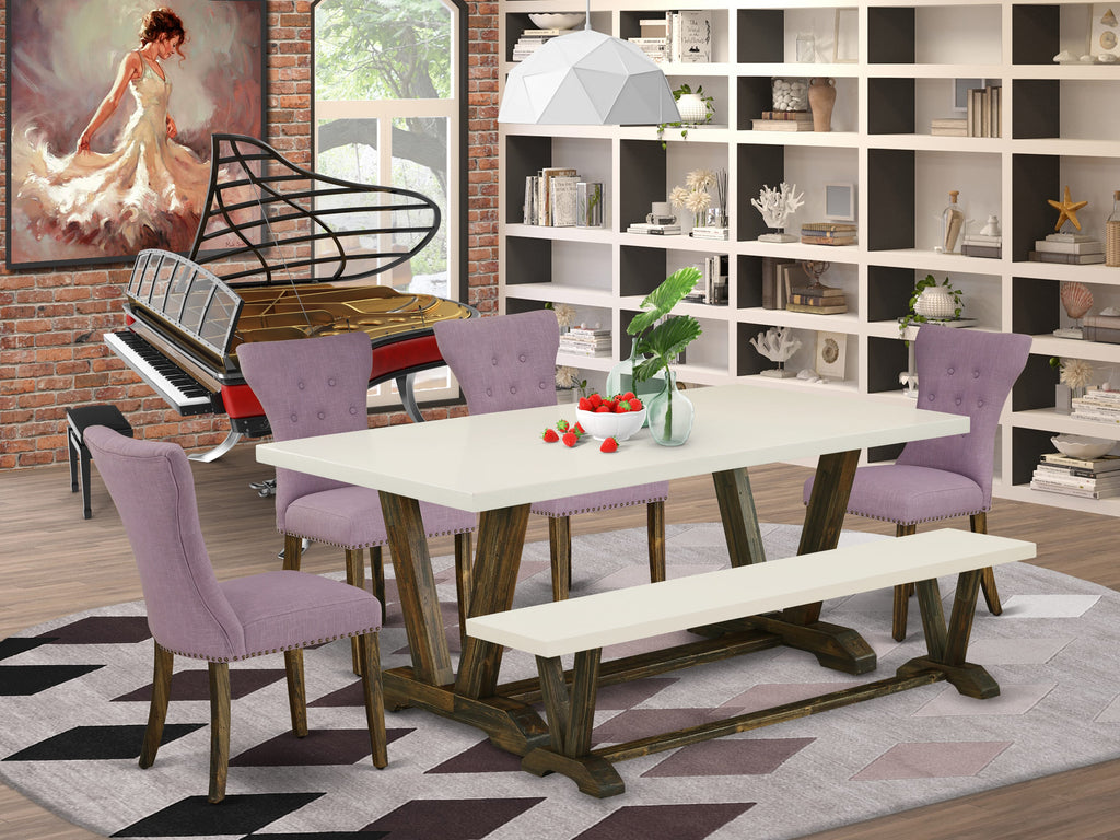 East West Furniture V727GA740-6 6 Piece Dining Room Set Contains a Rectangle Dining Table with V-Legs and 4 Dahlia Linen Fabric Parson Chairs with a Bench, 40x72 Inch, Multi-Color