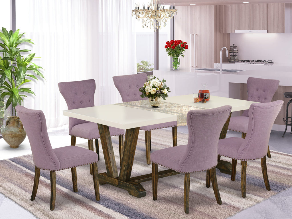East West Furniture V727GA740-7 7 Piece Modern Dining Table Set Consist of a Rectangle Wooden Table with V-Legs and 6 Dahlia Linen Fabric Parson Dining Chairs, 40x72 Inch, Multi-Color