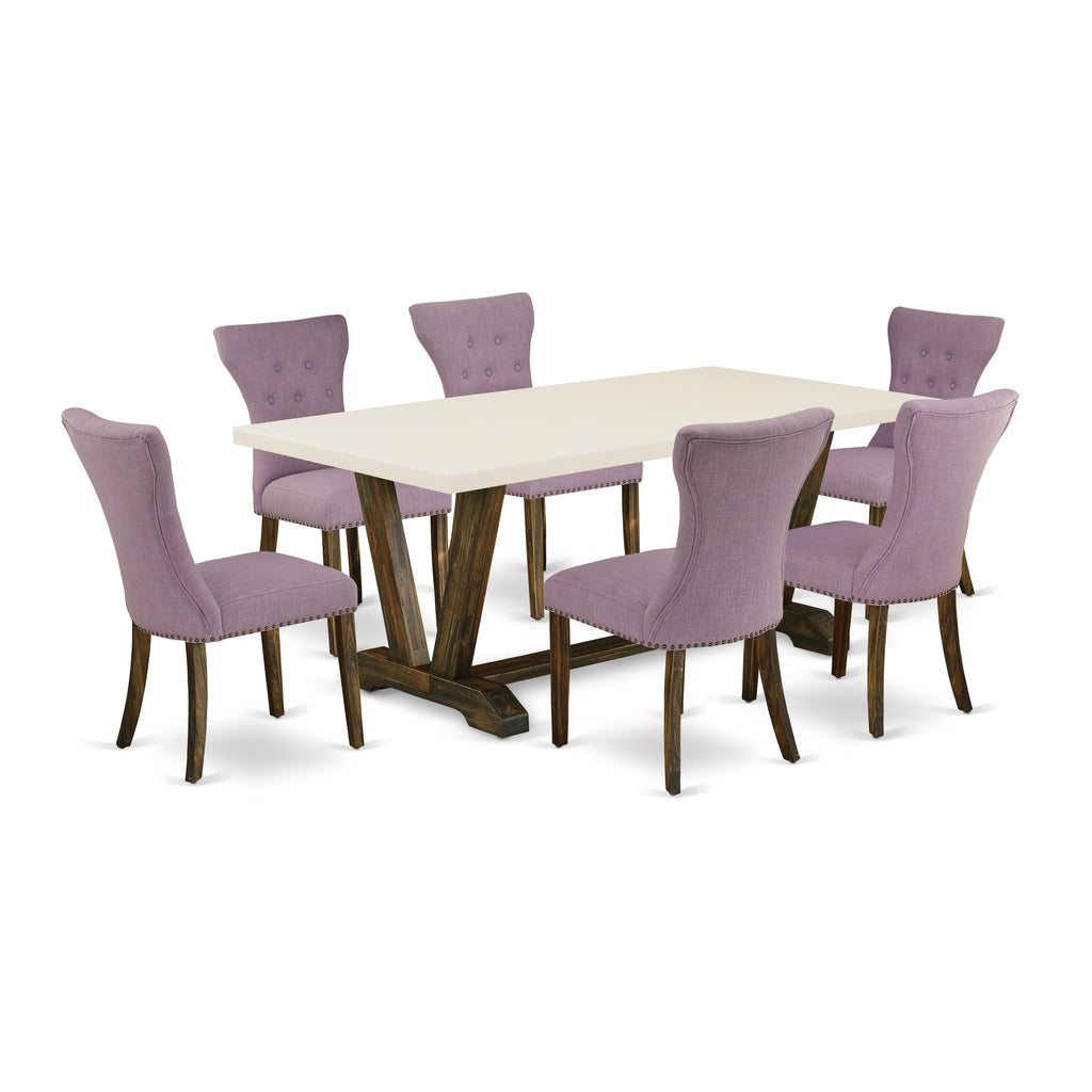 East West Furniture V727GA740-7 7 Piece Modern Dining Table Set Consist of a Rectangle Wooden Table with V-Legs and 6 Dahlia Linen Fabric Parson Dining Chairs, 40x72 Inch, Multi-Color