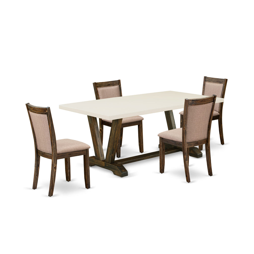 East West Furniture V727MZ716-5 5 Piece Dining Table Set for 4 Includes a Rectangle Kitchen Table with V-Legs and 4 Dark Khaki Linen Fabric Parson Dining Chairs