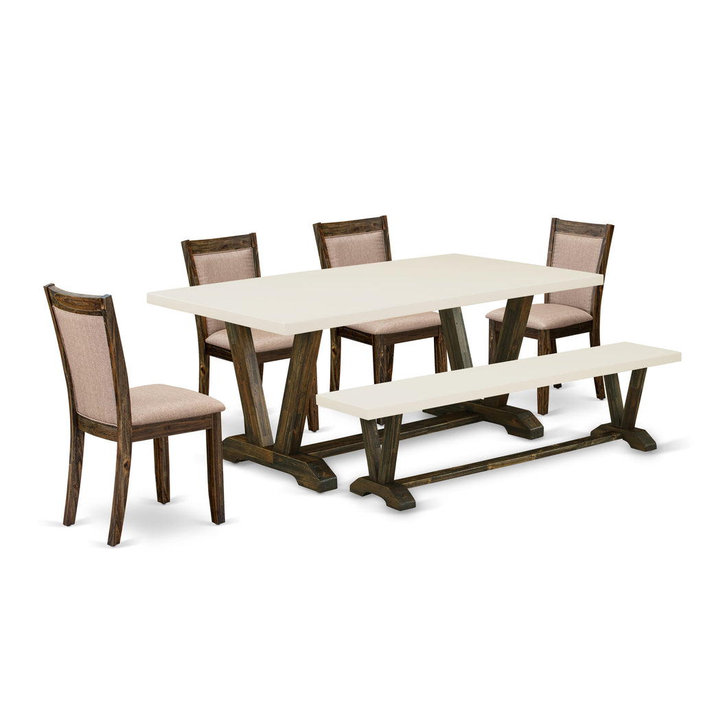 East West Furniture V727MZ716-6 6 Piece Dining Set Contains a Rectangle Dining Room Table with V-Legs and 4 Dark Khaki Linen Fabric Upholstered Chairs with a Bench