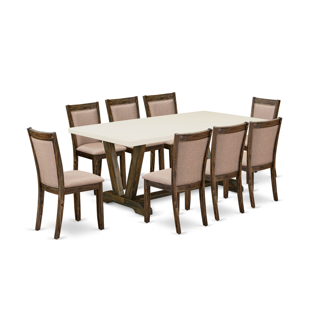 East West Furniture V727MZ716-9 9 Piece Kitchen Table & Chairs Set Includes a Rectangle Dining Room Table with V-Legs and 8 Dark Khaki Linen Fabric Parson Chairs