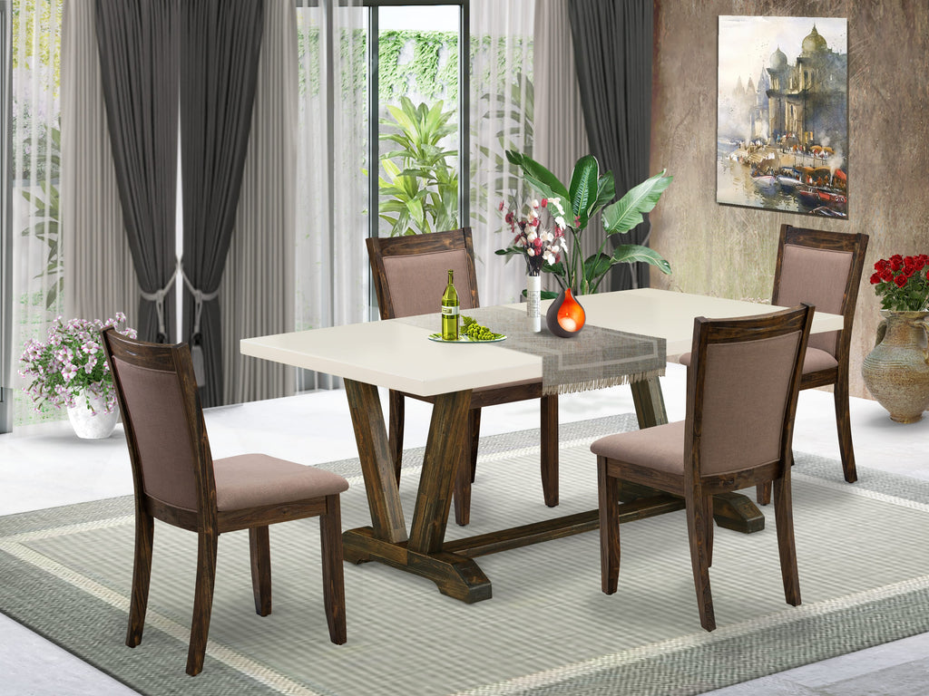 East West Furniture V727MZ748-5 5 Piece Dining Room Furniture Set Includes a Rectangle Dining Table with V-Legs and 4 Coffee Linen Fabric Upholstered Chairs, 40x72 Inch, Multi-Color