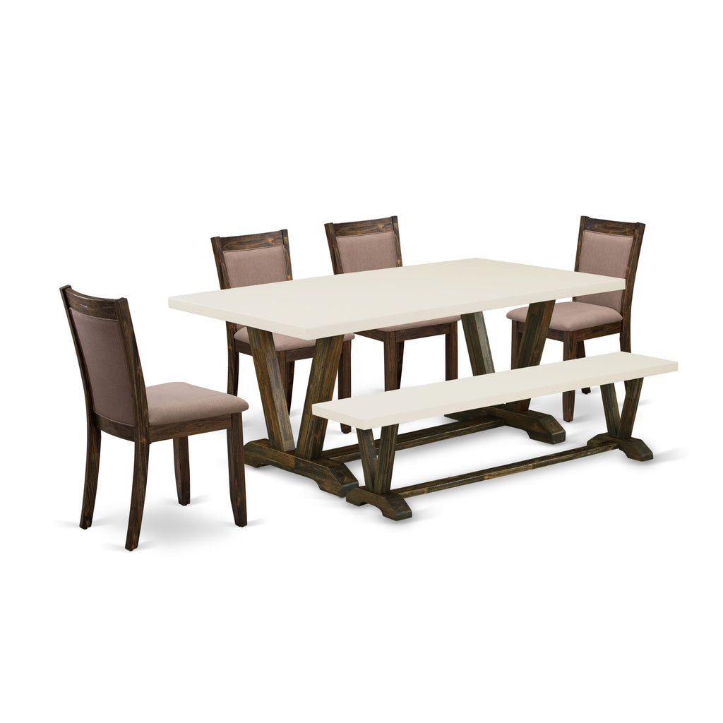 East West Furniture V727MZ748-6 6 Piece Dinette Set Contains a Rectangle Dining Room Table with V-Legs and 4 Coffee Linen Fabric Parson Chairs with a Bench, 40x72 Inch, Multi-Color