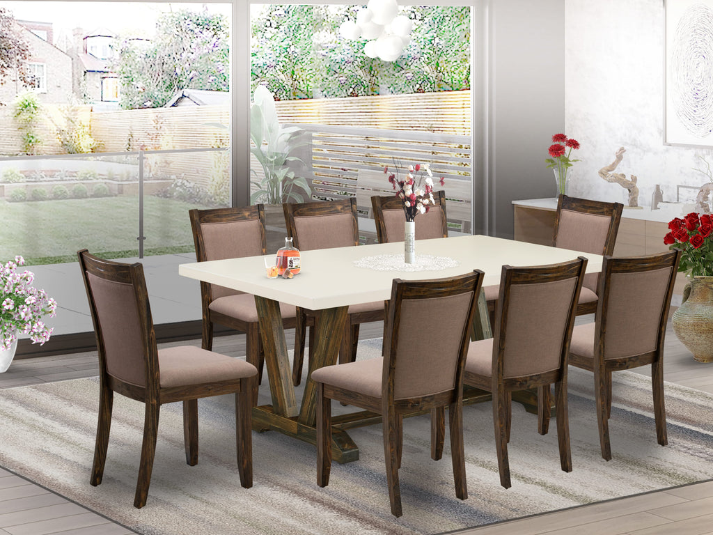 East West Furniture V727MZ748-9 9 Piece Dining Room Furniture Set Includes a Rectangle Dining Table with V-Legs and 8 Coffee Linen Fabric Parsons Chairs, 40x72 Inch, Multi-Color