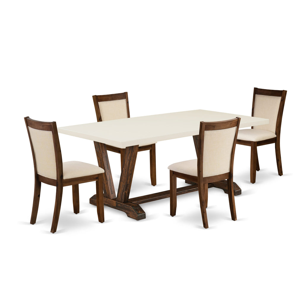 East West Furniture V727MZN32-5 5 Piece Dinette Set Includes a Rectangle Dining Room Table with V-Legs and 4 Light Beige Linen Fabric Parsons Dining Chairs