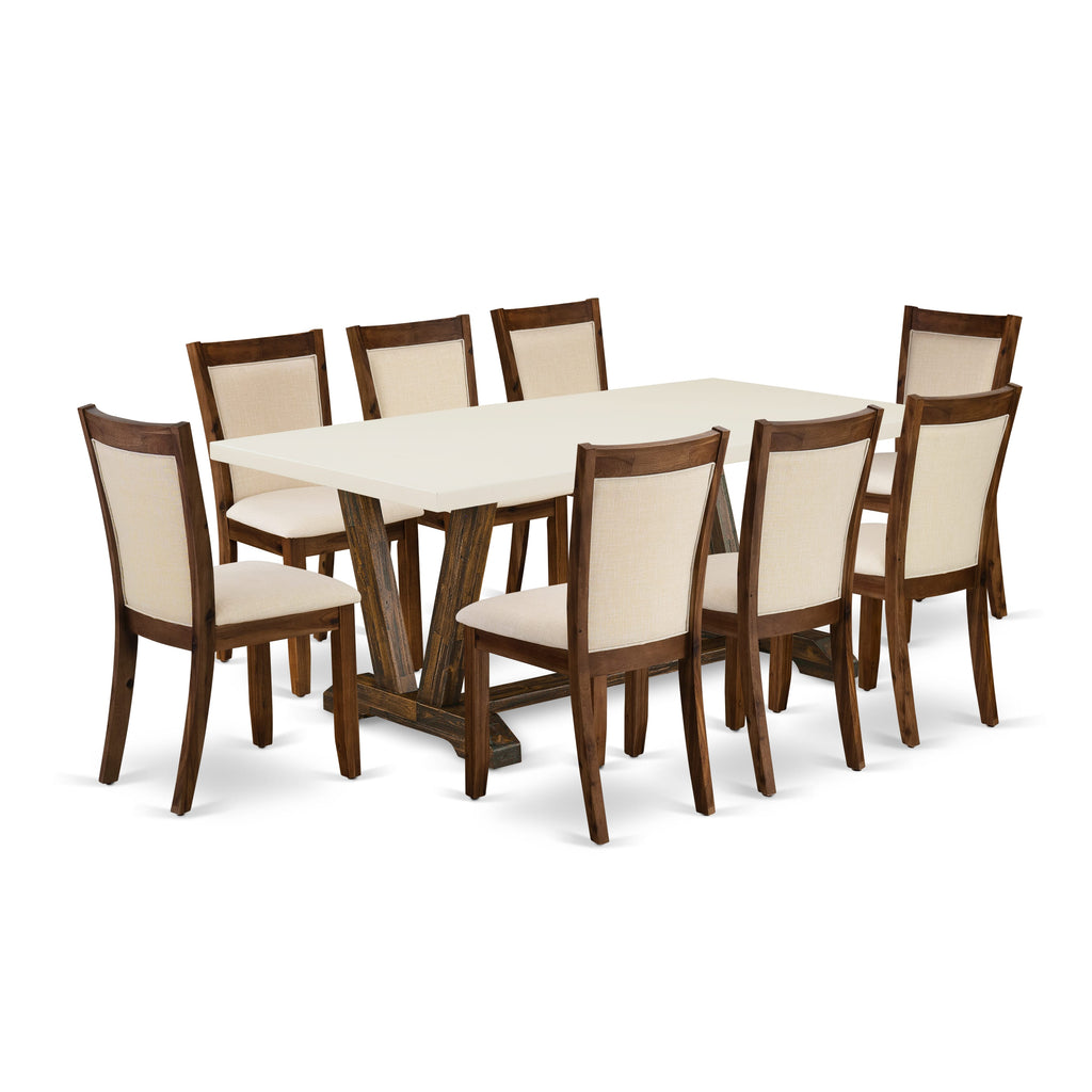 East West Furniture V727MZN32-9 9 Piece Dining Room Furniture Set Includes a Rectangle Dining Table with V-Legs and 8 Light Beige Linen Fabric Upholstered Chairs