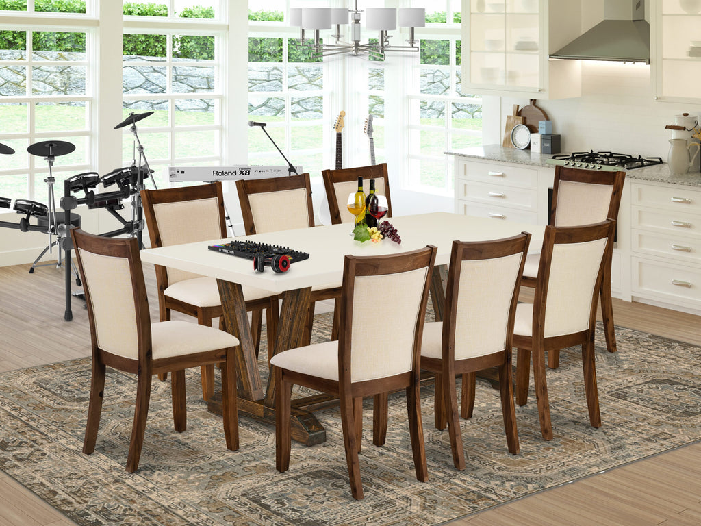 East West Furniture V727MZN32-9 9 Piece Dining Room Furniture Set Includes a Rectangle Dining Table with V-Legs and 8 Light Beige Linen Fabric Upholstered Chairs