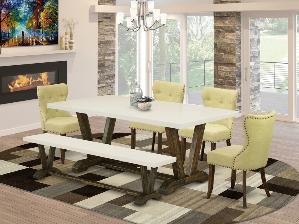 East West Furniture V727SI737-6 6 Piece Kitchen Table Set Contains a Rectangle Dining Table with V-Legs and 4 Limelight Linen Fabric Parson Chairs with a Bench, 40x72 Inch, Multi-Color