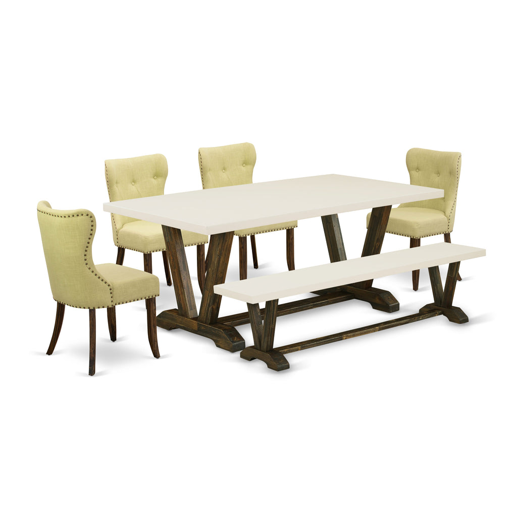 East West Furniture V727SI737-6 6 Piece Kitchen Table Set Contains a Rectangle Dining Table with V-Legs and 4 Limelight Linen Fabric Parson Chairs with a Bench, 40x72 Inch, Multi-Color