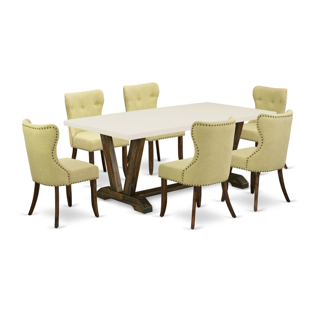 East West Furniture V727SI737-7 7 Piece Dining Room Furniture Set Consist of a Rectangle Dining Table with V-Legs and 6 Limelight Linen Fabric Parsons Chairs, 40x72 Inch, Multi-Color