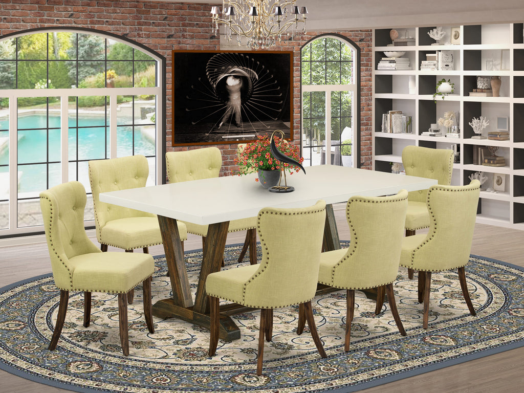 East West Furniture V727SI737-9 9 Piece Dining Room Set Includes a Rectangle Kitchen Table with V-Legs and 8 Limelight Linen Fabric Parson Dining Chairs, 40x72 Inch, Multi-Color