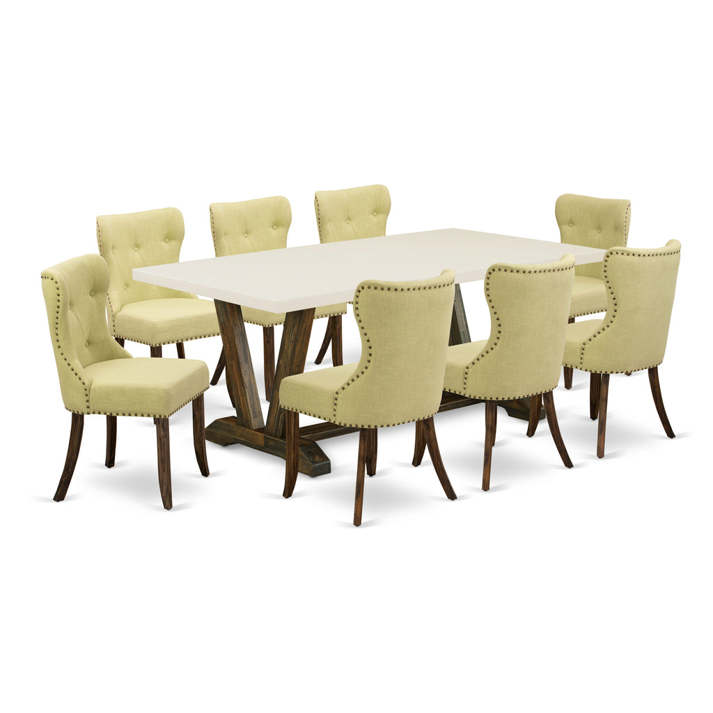 East West Furniture V727SI737-9 9 Piece Dining Room Set Includes a Rectangle Kitchen Table with V-Legs and 8 Limelight Linen Fabric Parson Dining Chairs, 40x72 Inch, Multi-Color