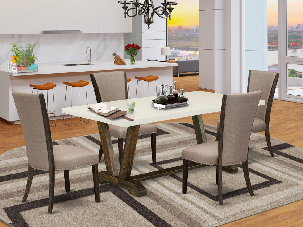 East West Furniture V727VE703-5 5 Piece Dining Room Table Set Includes a Rectangle Dining Table with V-Legs and 4 Brown Linen Fabric Upholstered Parson Chairs, 40x72 Inch, Multi-Color