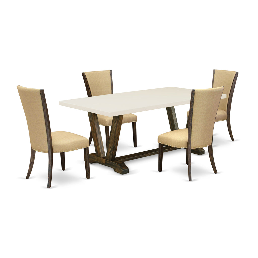 East West Furniture V727VE703-5 5 Piece Dining Room Table Set Includes a Rectangle Dining Table with V-Legs and 4 Brown Linen Fabric Upholstered Parson Chairs, 40x72 Inch, Multi-Color