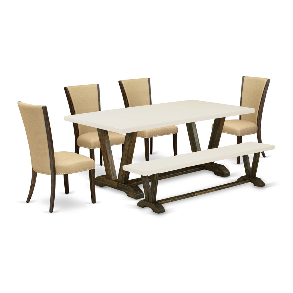 East West Furniture V727VE703-6 6 Piece Dining Room Table Set Contains a Rectangle Kitchen Table with V-Legs and 4 Brown Linen Fabric Parson Chairs with a Bench, 40x72 Inch, Multi-Color