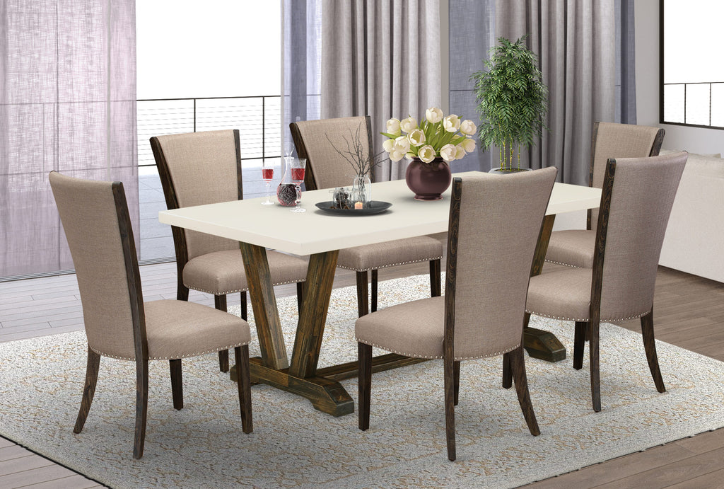 East West Furniture V727VE703-7 7 Piece Dining Table Set Consist of a Rectangle Dining Room Table with V-Legs and 6 Brown Linen Fabric Upholstered Chairs, 40x72 Inch, Multi-Color