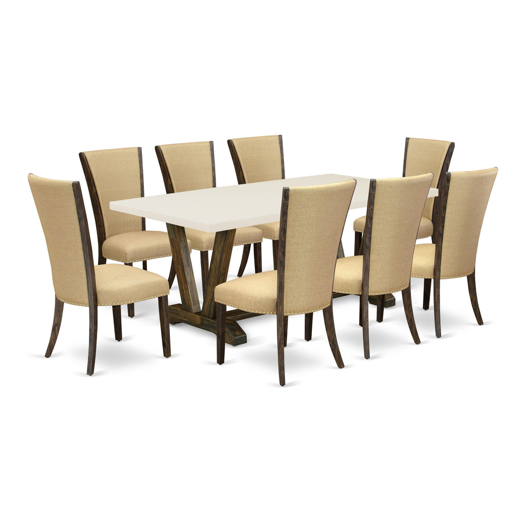 East West Furniture V727VE703-9 9 Piece Kitchen Table Set Includes a Rectangle Dining Table with V-Legs and 8 Brown Linen Fabric Parson Dining Room Chairs, 40x72 Inch, Multi-Color