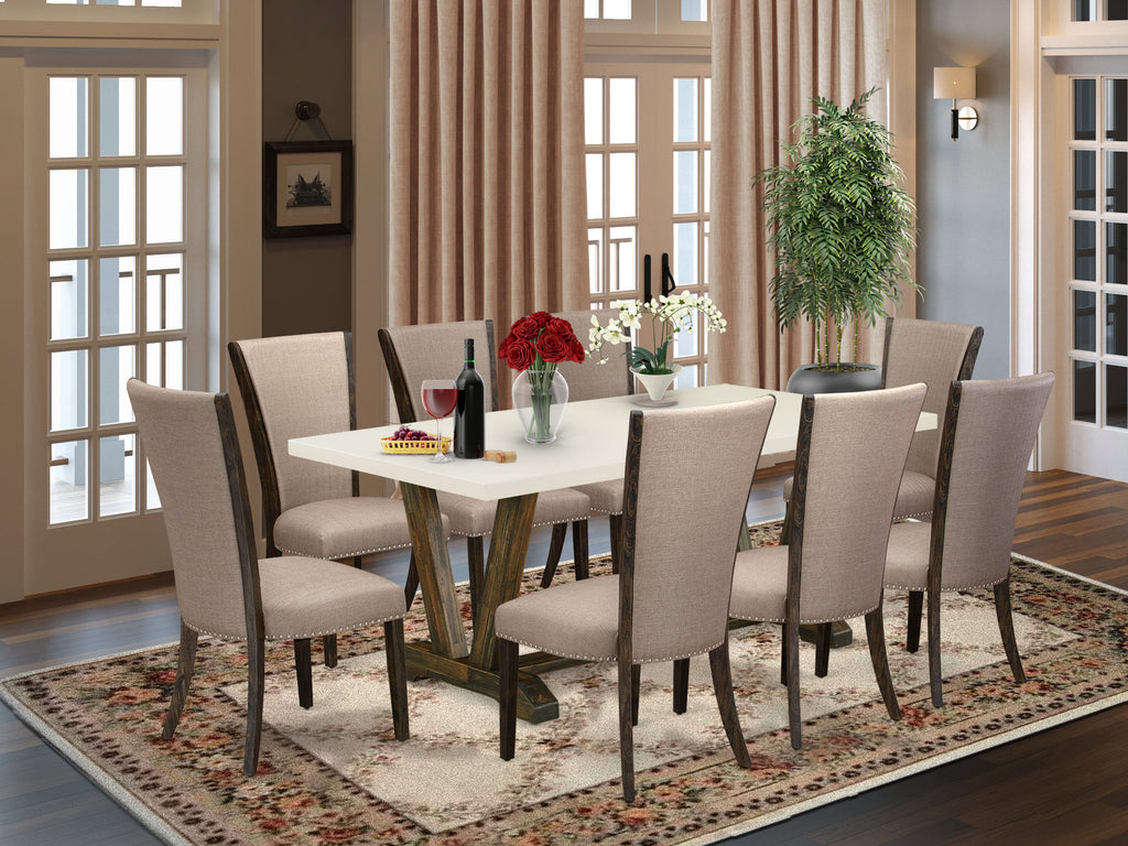 East West Furniture V727VE703-9 9 Piece Kitchen Table Set Includes a Rectangle Dining Table with V-Legs and 8 Brown Linen Fabric Parson Dining Room Chairs, 40x72 Inch, Multi-Color