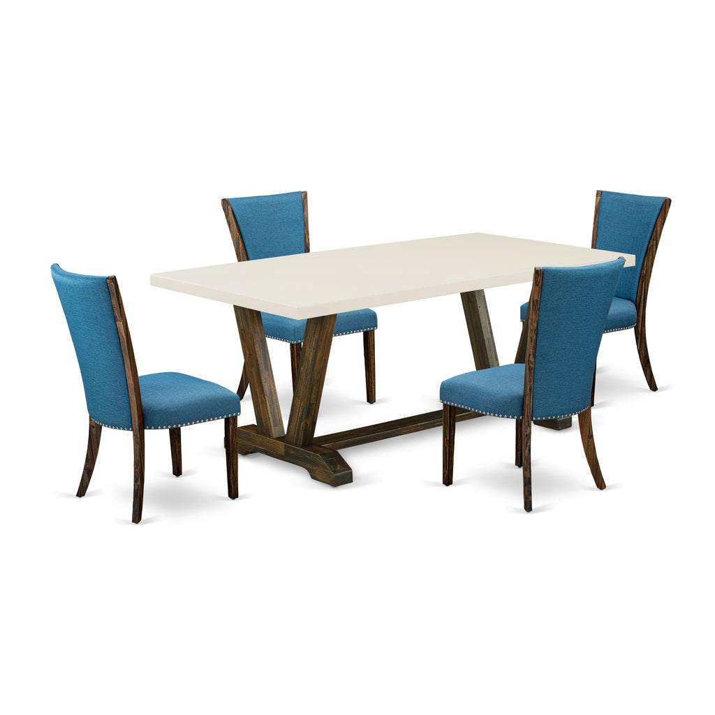 East West Furniture V727VE721-5 5 Piece Modern Dining Table Set Includes a Rectangle Wooden Table with V-Legs and 4 Blue Color Linen Fabric Upholstered Chairs, 40x72 Inch, Multi-Color