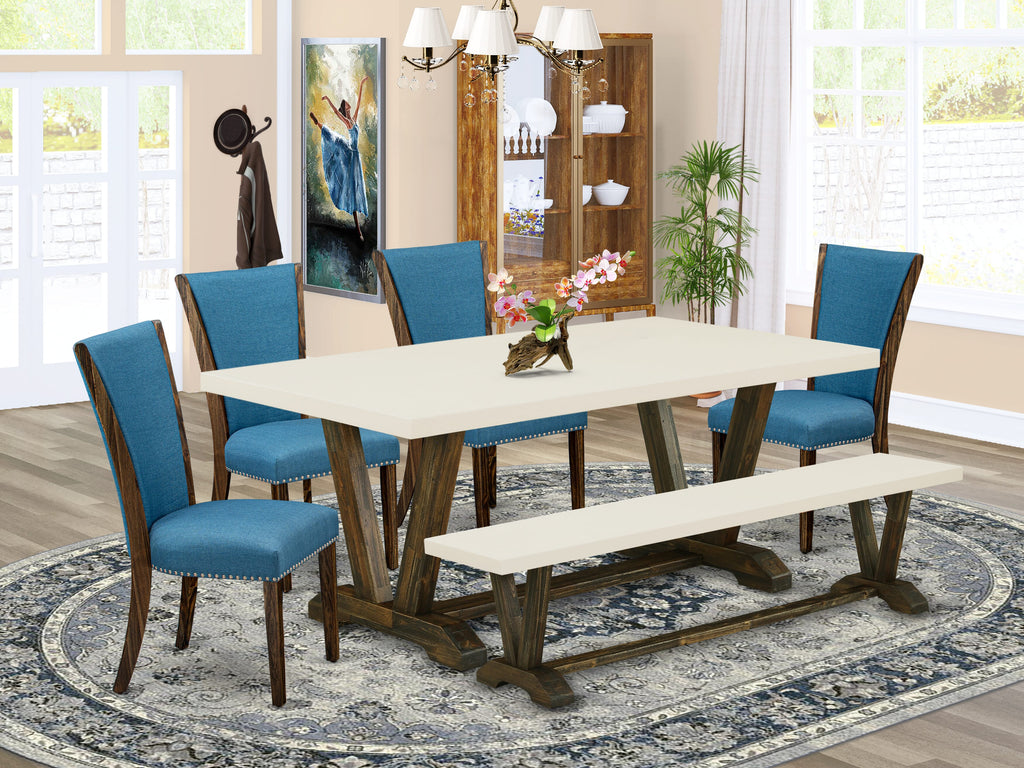 East West Furniture V727VE721-6 6 Piece Dining Table Set Contains a Rectangle Dining Room Table with V-Legs and 4 Blue Color Linen Fabric Parson Chairs with a Bench, 40x72 Inch, Multi-Color