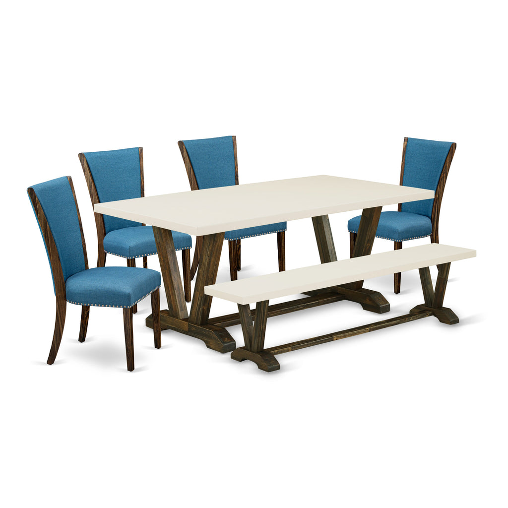 East West Furniture V727VE721-6 6 Piece Dining Table Set Contains a Rectangle Dining Room Table with V-Legs and 4 Blue Color Linen Fabric Parson Chairs with a Bench, 40x72 Inch, Multi-Color