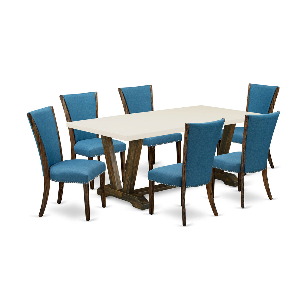 East West Furniture V727VE721-7 7 Piece Dining Room Table Set Consist of a Rectangle Kitchen Table with V-Legs and 6 Blue Color Linen Fabric Parson Dining Chairs, 40x72 Inch, Multi-Color